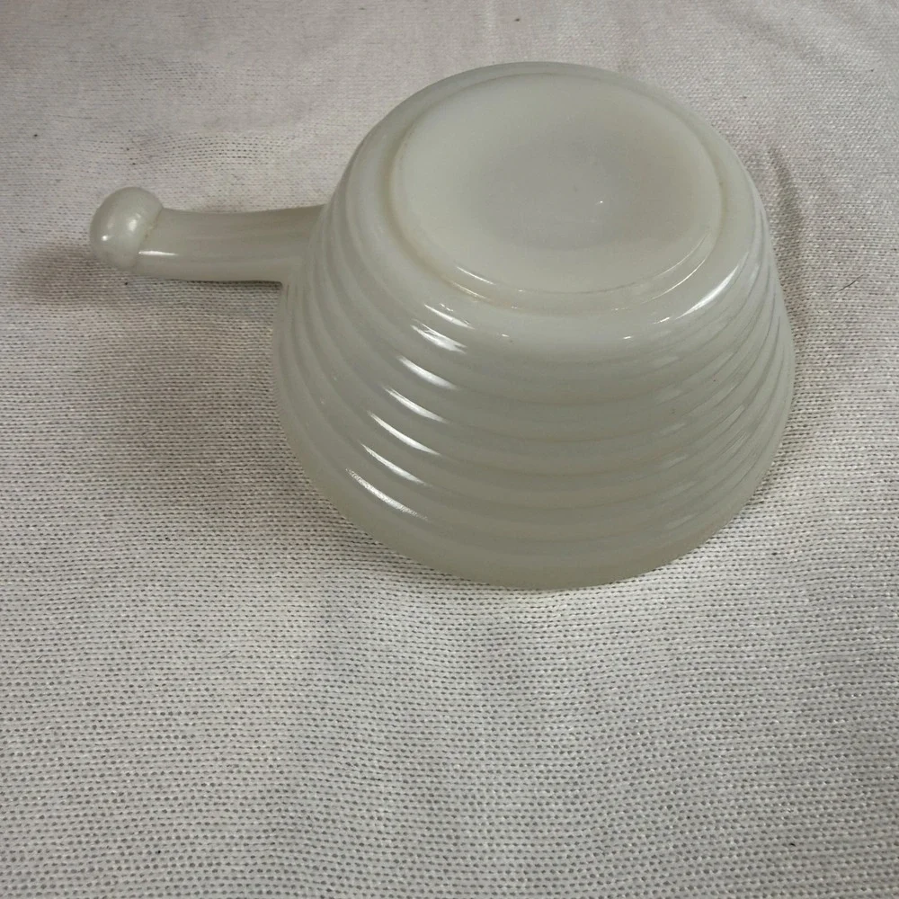 Fire-King Milk Glass Ribbed Chili Bowl with Handle White Vintage USA Made 5in
